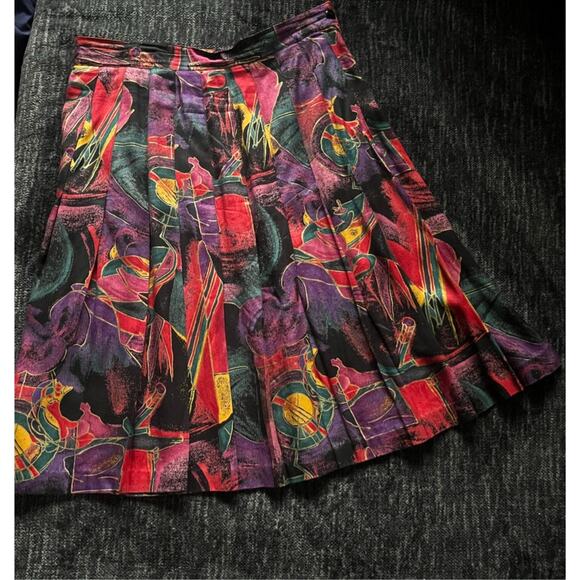 Vintage 90s Michael Taylor Abstract Purple Black Gold Midi Pleated Skirt Small - Picture 1 of 6